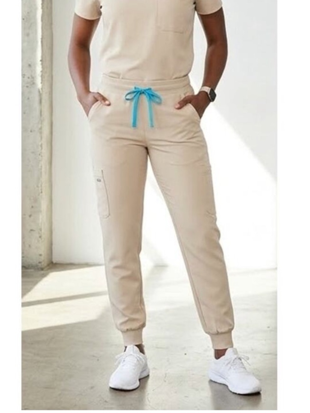 Figs Zamora Jogger Scrub Pants Sandstone Caribbean Blue Large Petite